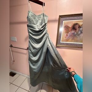 light green long bridesmaid dress, pearl beaded straps with scoop front.